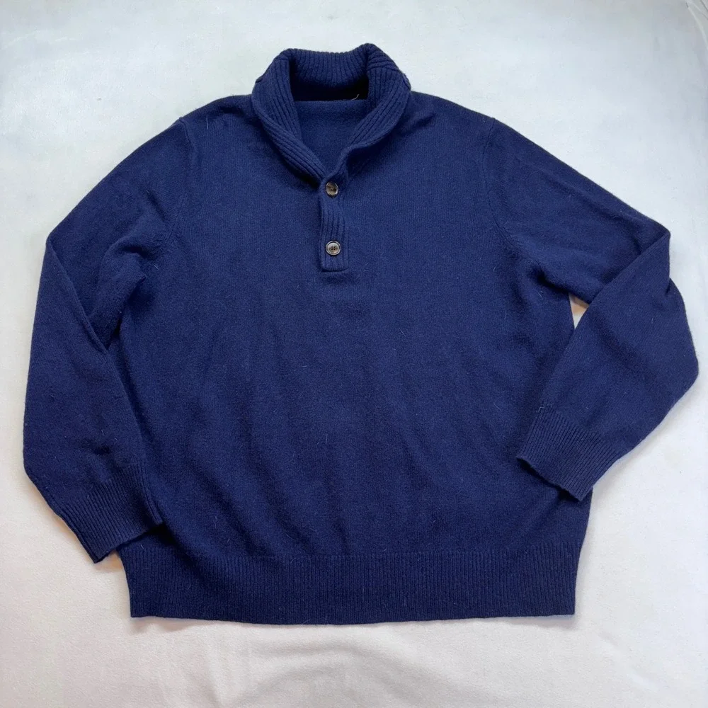 J Crew‎ Mens Navy Blue Shawl Collar 2 Button Pullover Sweater XXL Lambs Wool